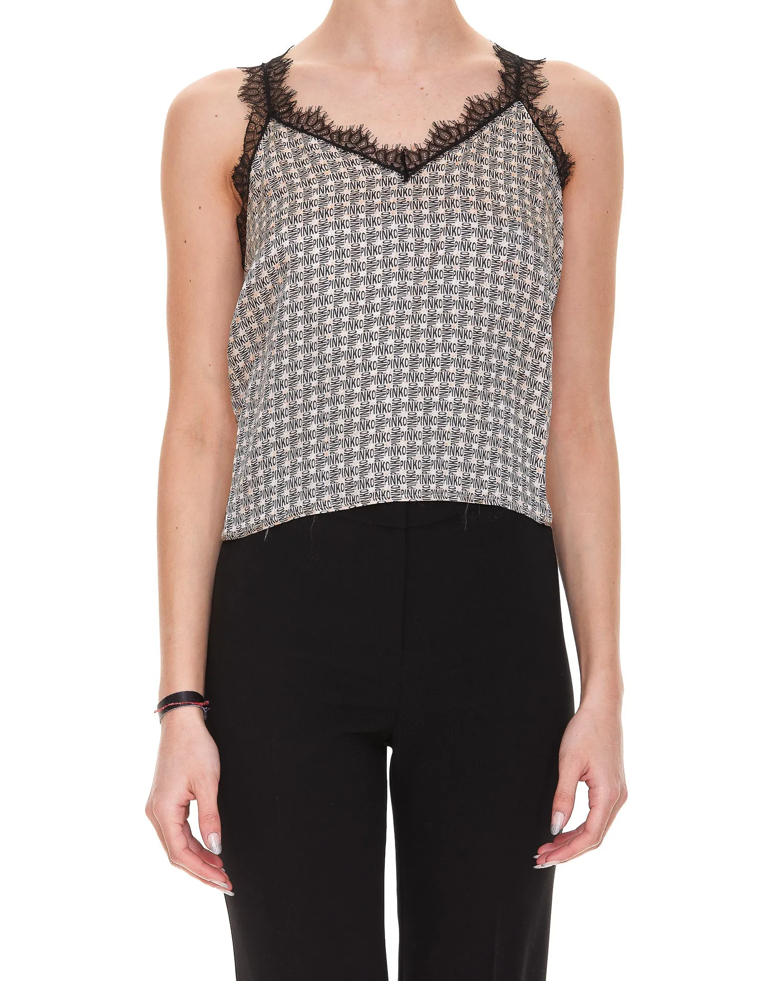 Pinko Monogram Printed Lace Detailed Tank Top