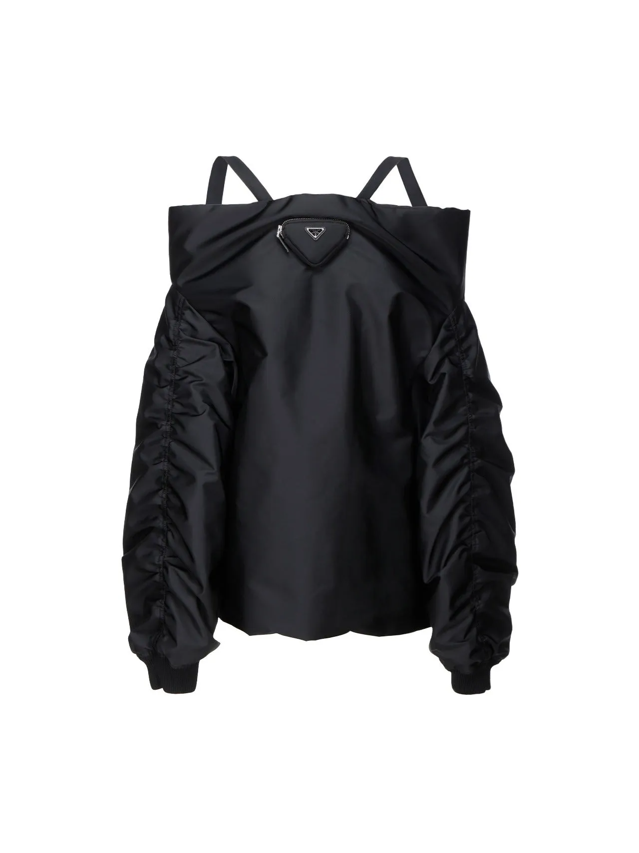 Prada Logo Plaque Pouch Off-Shoulder Bomber Jacket