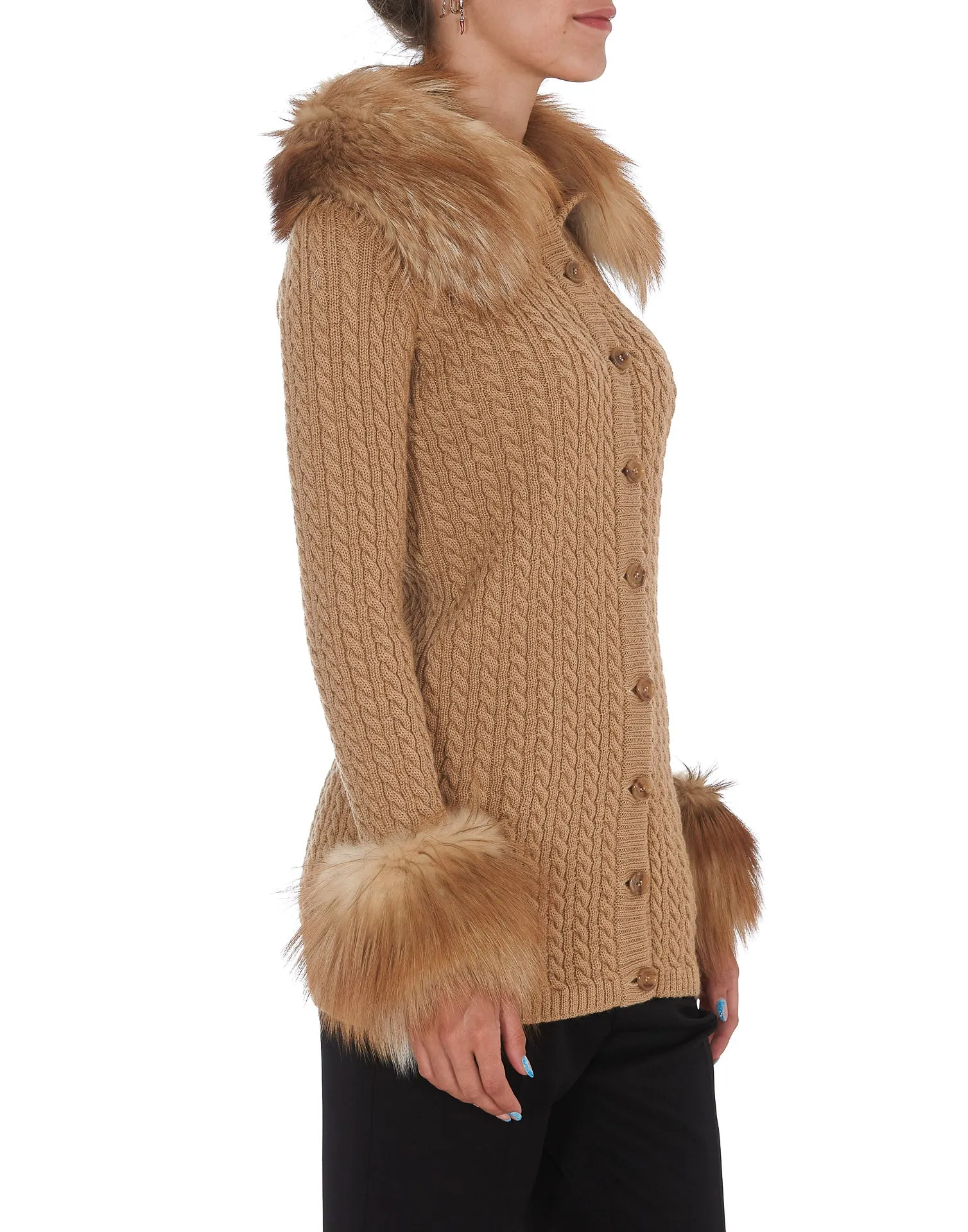 Saint Laurent Cable-Knit Fur-Trim Cardigan