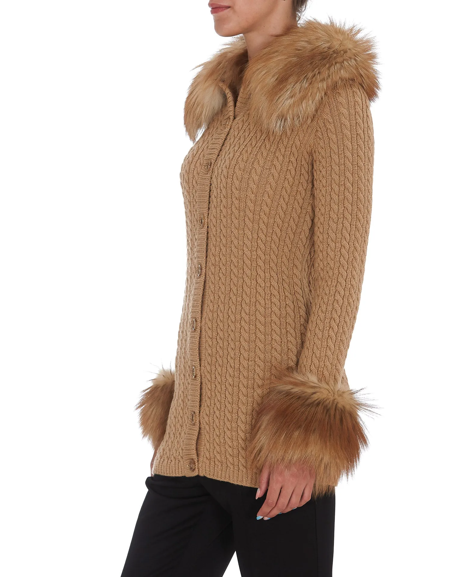 Saint Laurent Cable-Knit Fur-Trim Cardigan