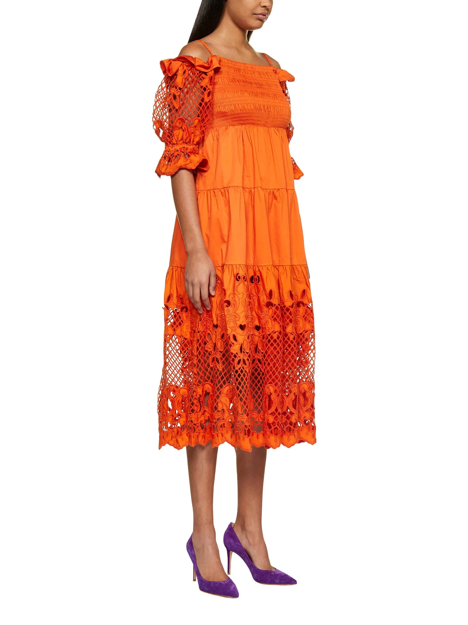 Self-Portrait Lattice Embroidered Off-Shoulder Midi Dress