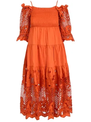 Self-Portrait Lattice Embroidered Off-Shoulder Midi Dress