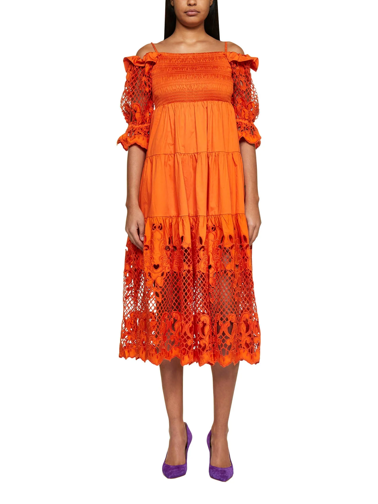 Self-Portrait Lattice Embroidered Off-Shoulder Midi Dress