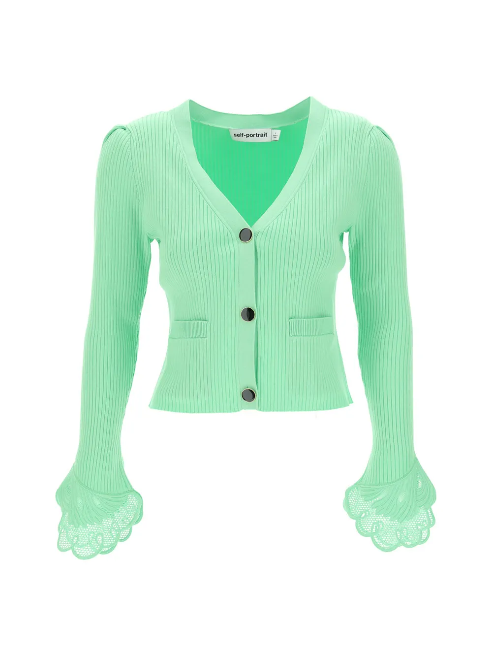 Self-Portrait Spearmint Inserted Lace Ribbed Knit Cardigan