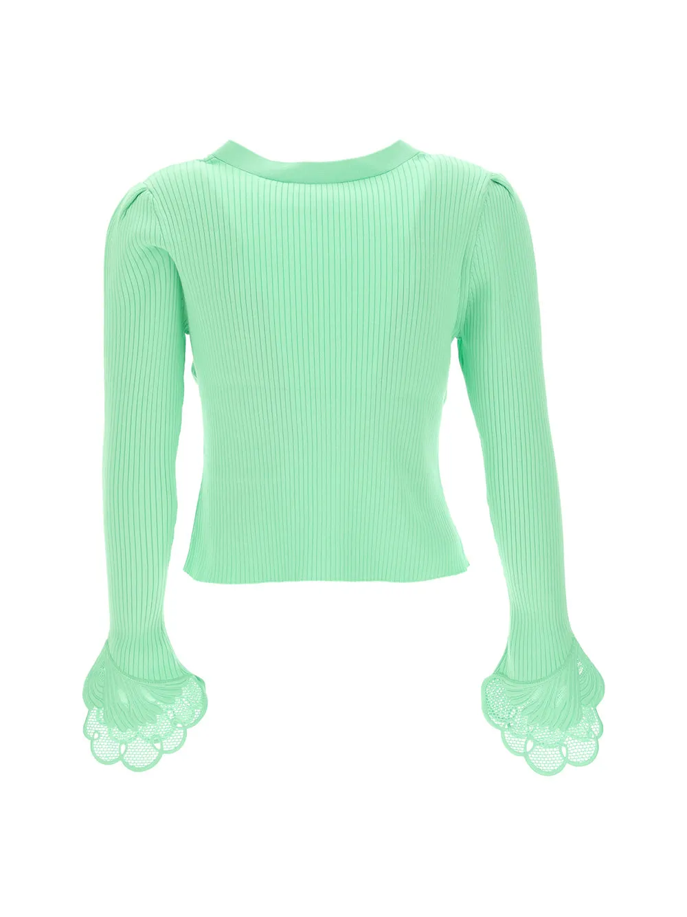 Self-Portrait Spearmint Inserted Lace Ribbed Knit Cardigan