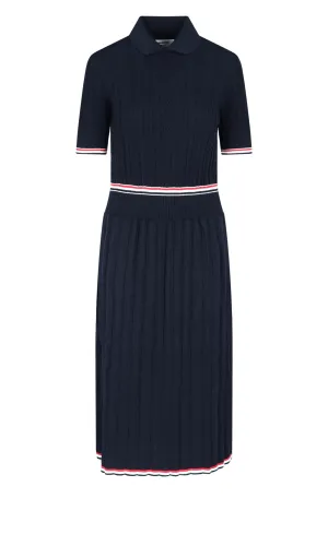 Thom Browne Pleated RWB Stripe Polo Midi Dress