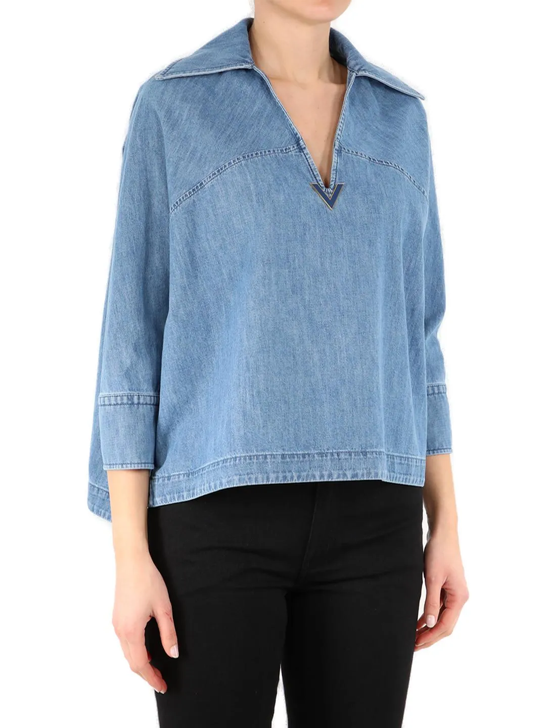 Valentino V-Neck VLogo Plaque Denim Shirt