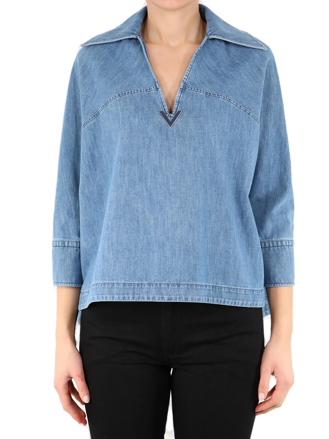 Valentino V-Neck VLogo Plaque Denim Shirt