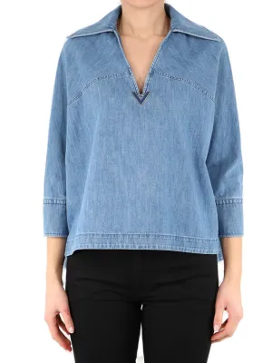 Valentino V-Neck VLogo Plaque Denim Shirt