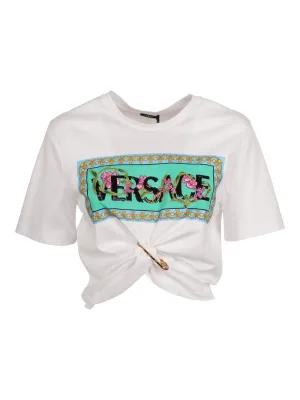 Versace Logo Printed Safety-Pin Cropped T-Shirt