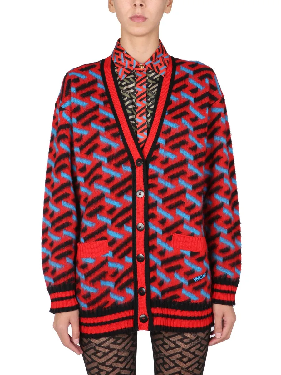 Versace V-Neck Logo Intarsia Knit Cardigan