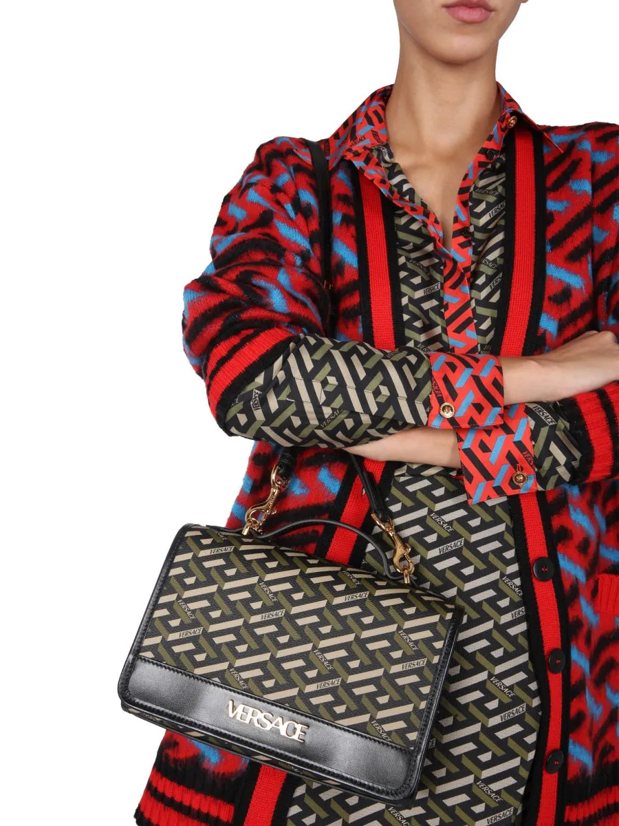 Versace V-Neck Logo Intarsia Knit Cardigan
