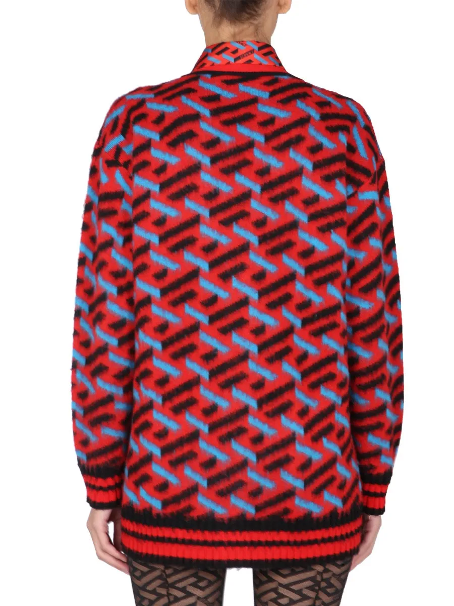 Versace V-Neck Logo Intarsia Knit Cardigan