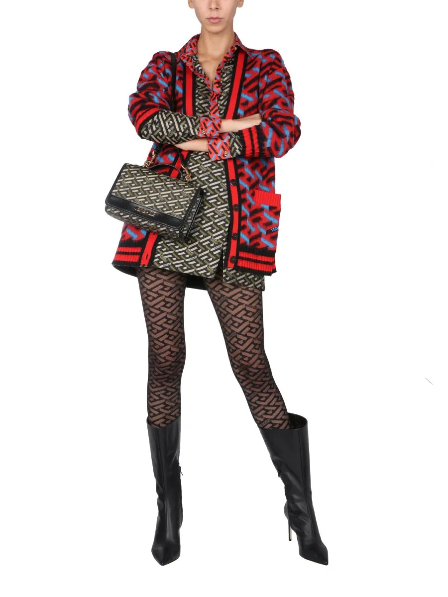 Versace V-Neck Logo Intarsia Knit Cardigan