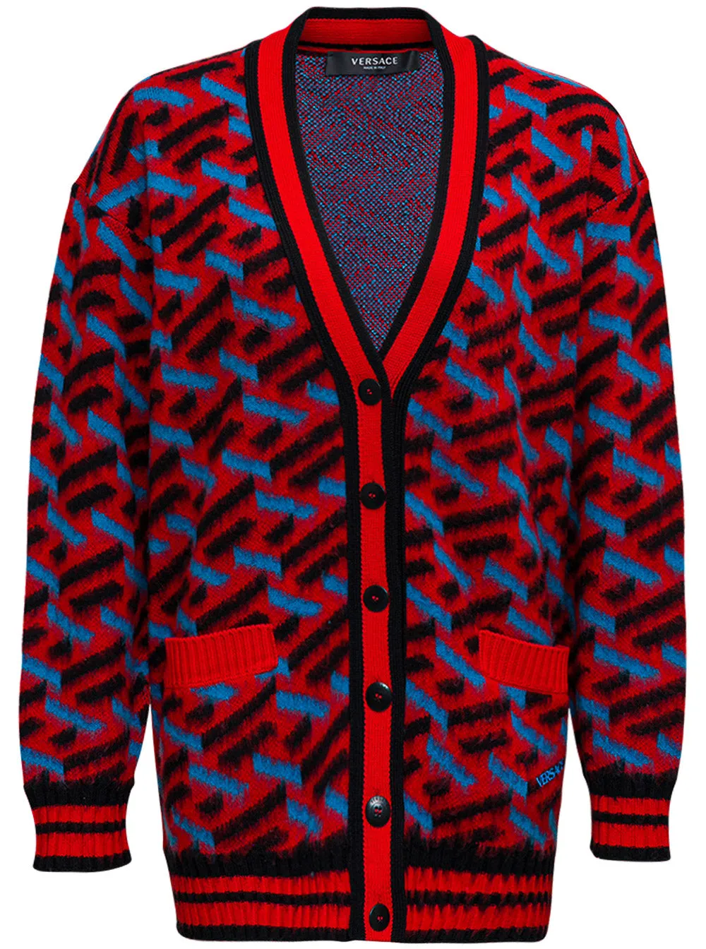 Versace V-Neck Logo Intarsia Knit Cardigan
